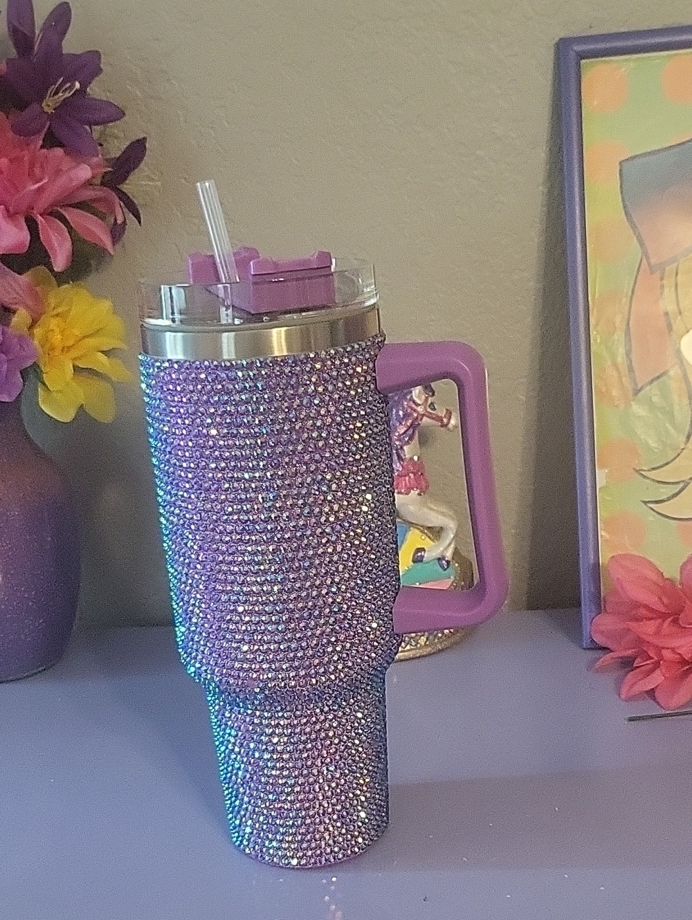 Glittering Purple Rhinestone Travel Tumbler with Handle - Stylish Sparkle